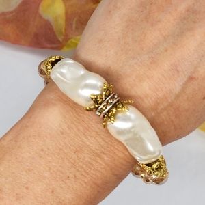 Golden Bracelet Large Baroque Resin Pearls European Crystals Stretchy Bracelet